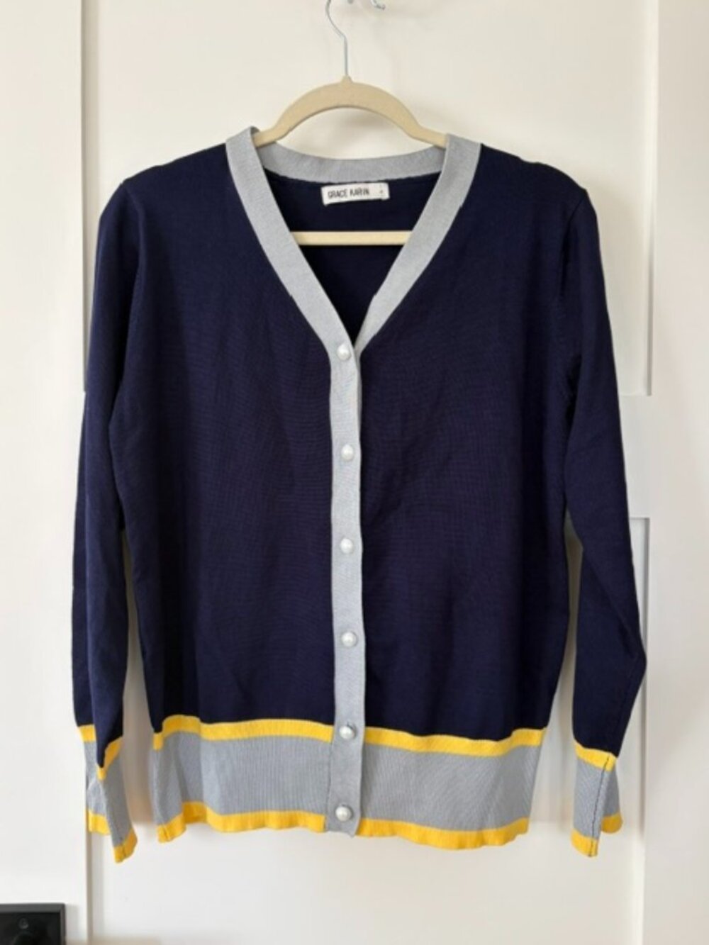 Grace Karin Navy Contrast Trim Pearl Button Preppy Cardigan Large